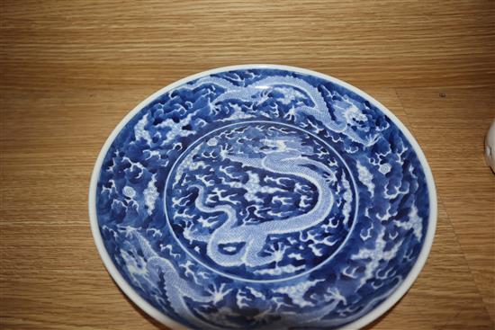 A Chinese blue and white dragon dish and a landscape plate largest 24.5cm